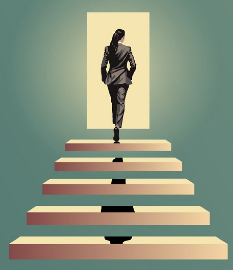 Gender Gap woman walking up stairs to a door